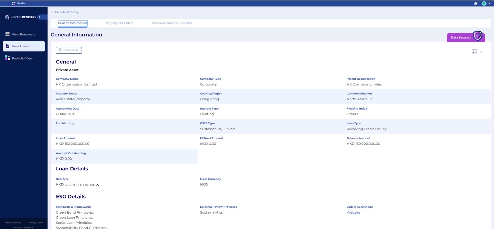 Sample screenshot of lender and law firms interface